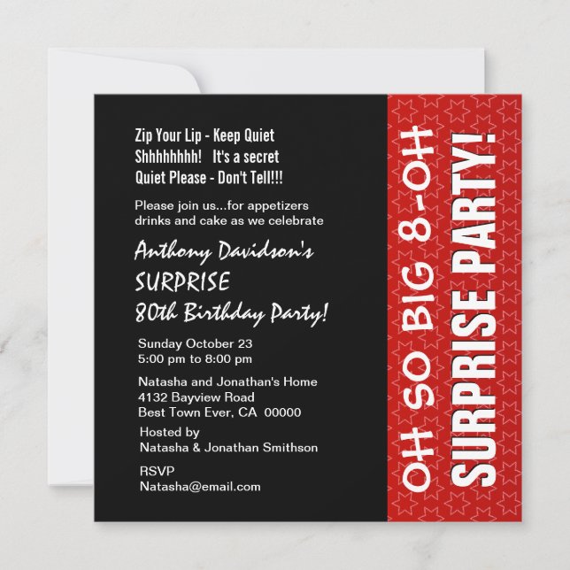 SURPRISE 80th Year Birthday Party Red Stars W117 Invitation (Front)