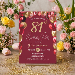 Surprise 81st Birthday Party Gold Burgundy Glitter Invitation
