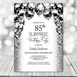 Surprise 85th Birthday Black White Balloons Party Invitation