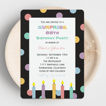 Surprise 85th Birthday Party With Five Candles Invitation by henishouseofpaper at Zazzle