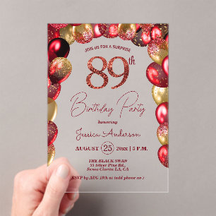 Surprise 89th Birthday Party Gold Burgundy Glitter Acrylic Invitations