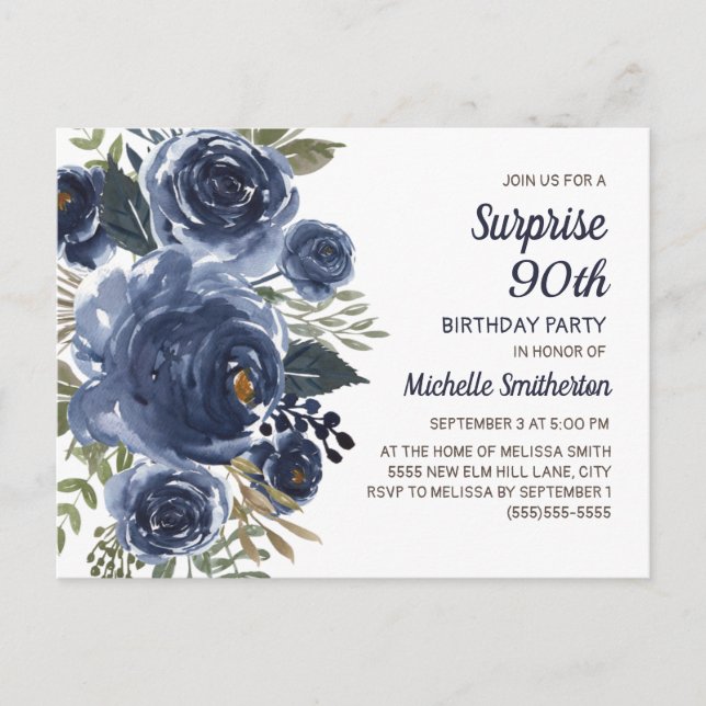 Surprise 90 Birthday Navy Blue Watercolor Floral Postcard (Front)