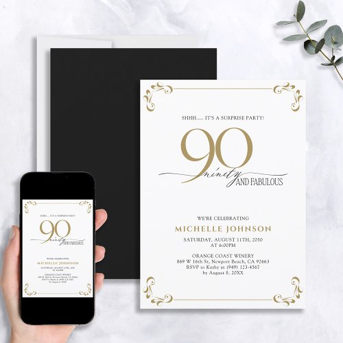 Surprise 90  Fabulous Black  Gold Birthday Invit Invitation