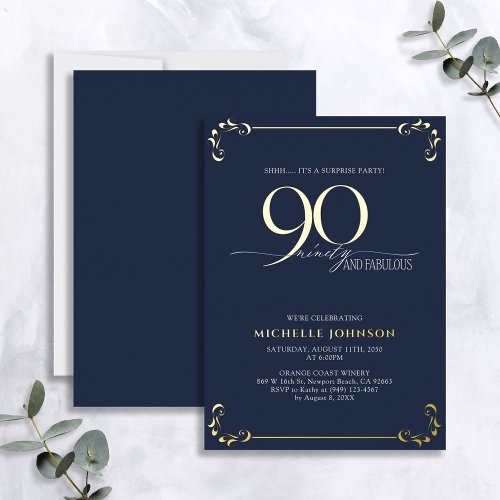 Surprise 90  Fabulous Blue  Gold Birthday Foil Invitation