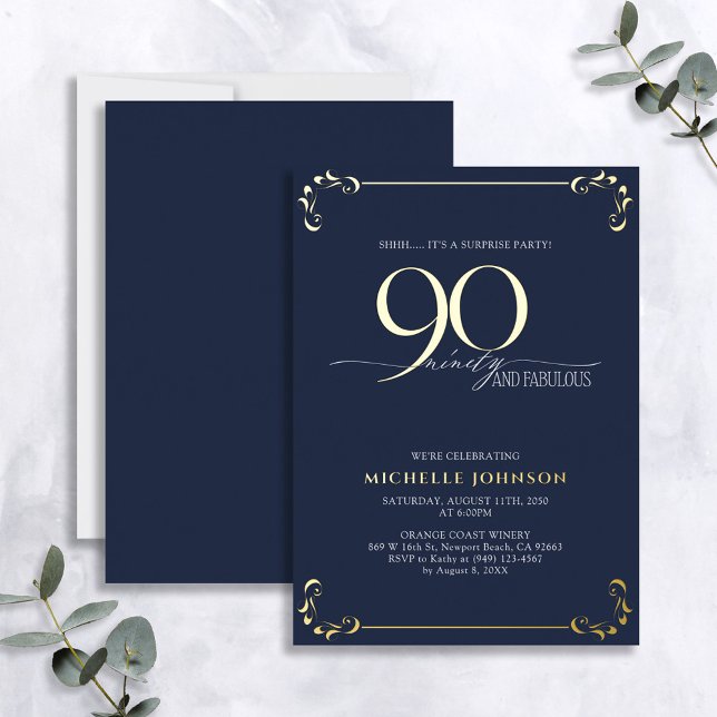 Surprise 90 & Fabulous Blue & Gold Birthday Foil Invitation (Creator Uploaded)