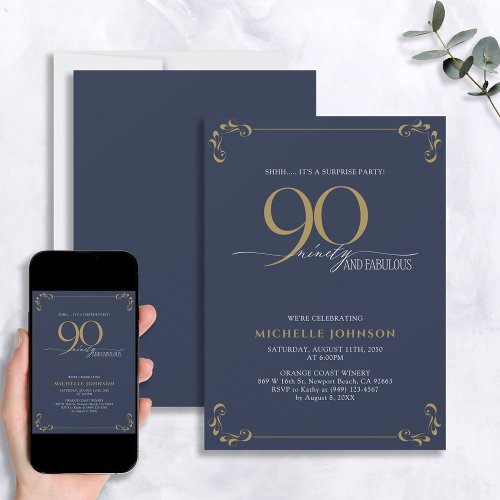 Surprise 90  Fabulous Blue White  Gold Birthday  Invitation