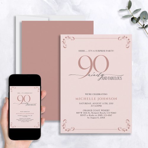 Surprise 90  Fabulous Blush Pink  Black Birthday Invitation