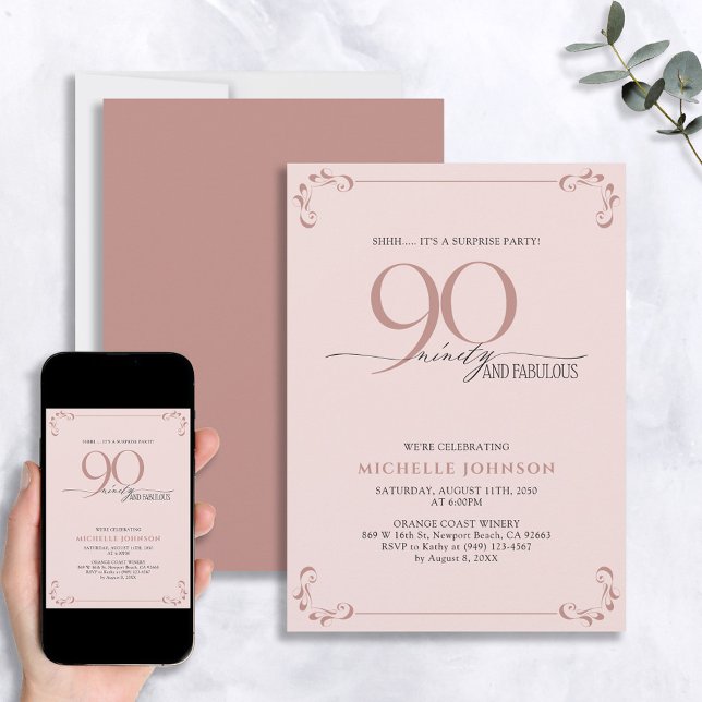 Surprise 90 & Fabulous Blush Pink & Black Birthday Invitation (Creator Uploaded)