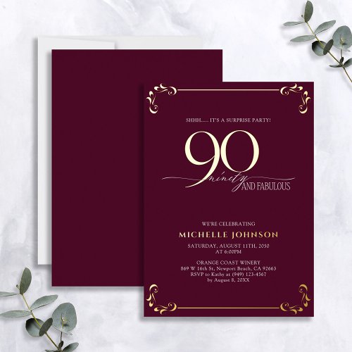 Surprise 90  Fabulous Burgundy  Gold Birthday Foil Invitation