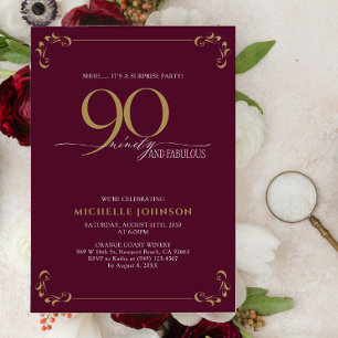 Surprise 90 & Fabulous Burgundy & Gold Birthday Invitation