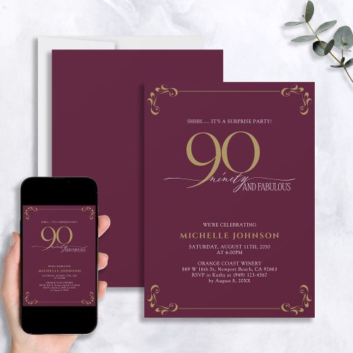 Surprise 90  Fabulous Burgundy  Gold Birthday  Invitation