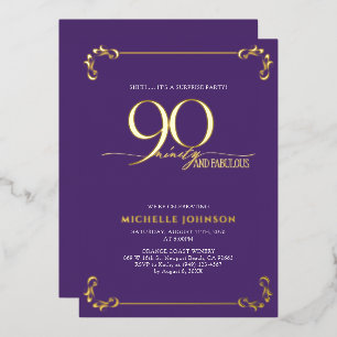 Surprise 90 & Fabulous Purple & Gold Birthday Foil Invitation