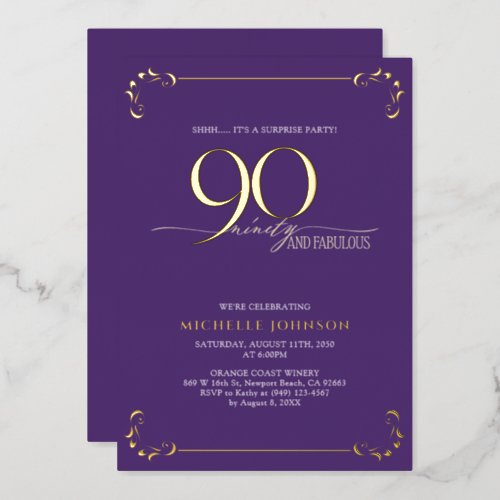 Surprise 90  Fabulous Purple  Gold Birthday Foil Invitation