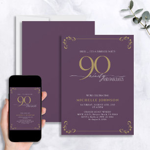 Surprise 90 & Fabulous Purple & Gold Birthday Invitation