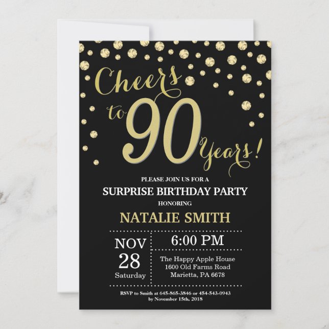 Surprise 90th Birthday Black and Gold Diamond Invitation (Front)