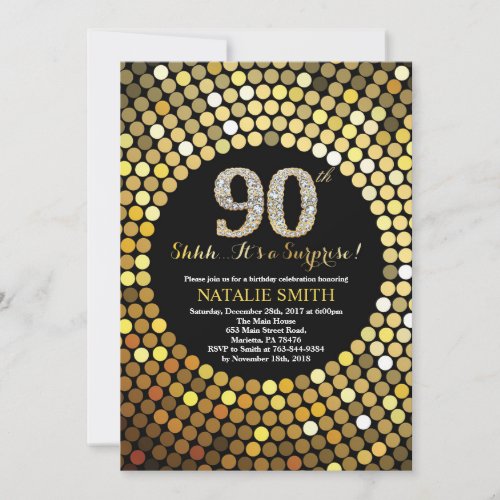 Surprise 90th Birthday Black and Gold Glitter Invitation