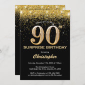 Surprise 90th Birthday Black and Gold Glitter Invitation (Front/Back)