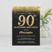 Surprise 90th Birthday Black and Gold Glitter Invitation (Standing Front)