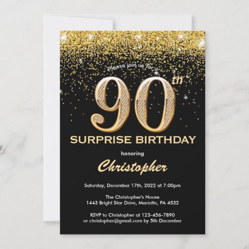 Surprise 90th Birthday Black and Gold Glitter Invitation