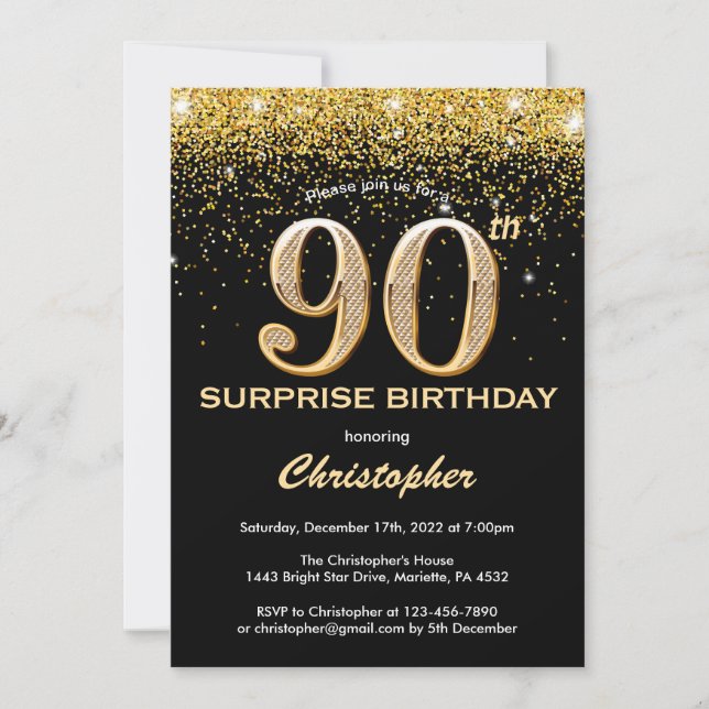 Surprise 90th Birthday Black and Gold Glitter Invitation (Front)