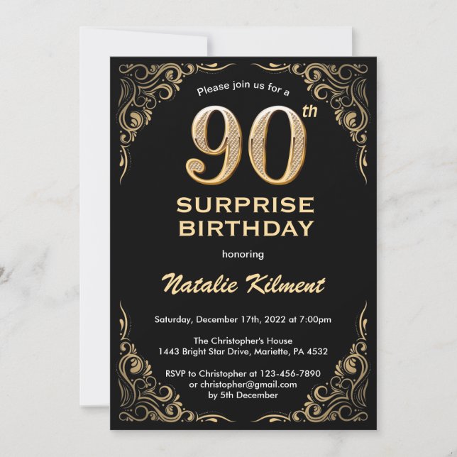 Surprise 90th Birthday Black and Gold Glitter Invitation (Front)