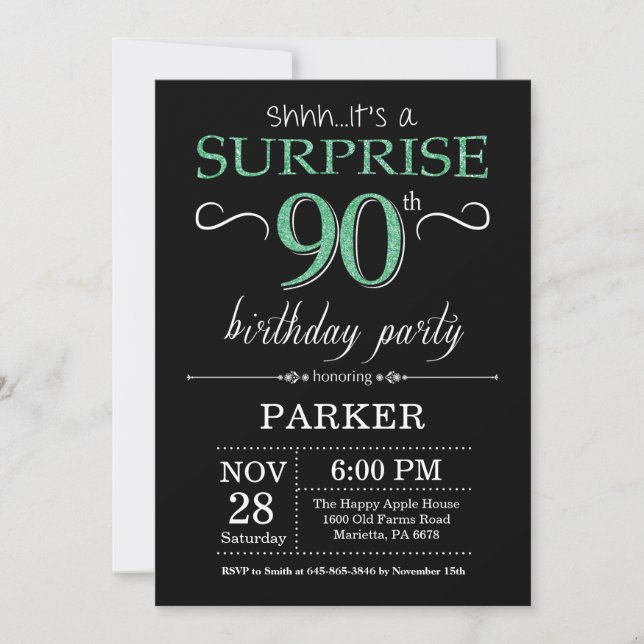 Surprise 90th Birthday Black and Green Glitter Invitation (Front)