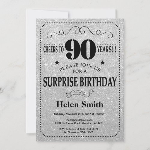 Surprise 90th Birthday Black and Silver Glitter Invitation