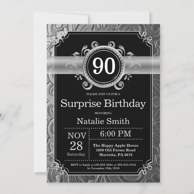 Surprise 90th Birthday Black and Silver Glitter Invitation (Front)