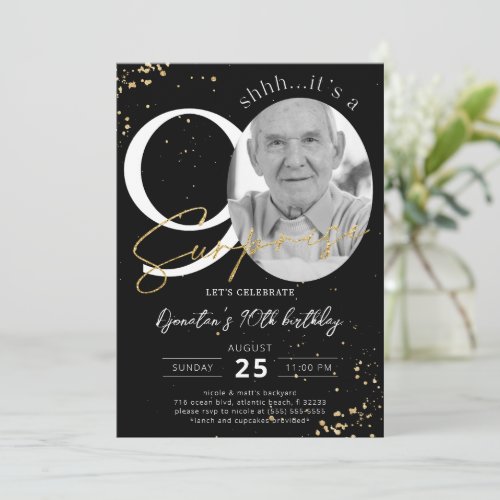 Surprise 90th Birthday Black Gold Photo Invitation