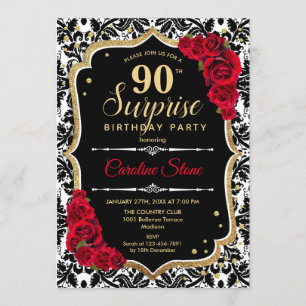 Surprise 90th Birthday - Black Gold Red Invitation