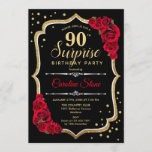 Surprise 90th Birthday - Black Gold Red Invitation<br><div class="desc">Surprise 90th Birthday Invitation.
Feminine black,  red design with faux glitter gold. Features red roses,  script font and confetti. Perfect for an elegant birthday party. Can be personalized to show any age. Message me if you need further customization.</div>