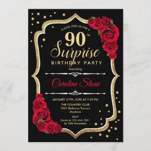 Surprise 90th Birthday - Black Gold Red Invitation