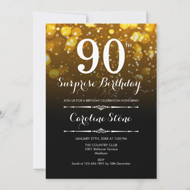 Surprise 90th Birthday - Black Gold White Invitation (Front)