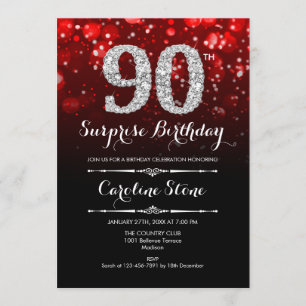 Surprise 90th Birthday - Black Red Silver Invitation