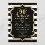 Surprise 90th Birthday - Black White Gold Invitation<br><div class="desc">Surprise 90th Birthday Invitation.
Classy design with with black and white stripes,  script font and glitter gold. Perfect for an elegant birthday party. Can be personalized to show any age. Message me if you need further customization.</div>