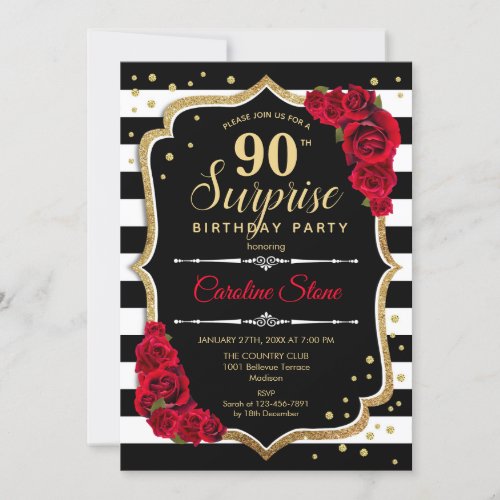 Surprise 90th Birthday _ Black White Red Invitation