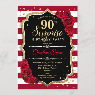 Surprise 90th Birthday - Black White Red Invitation