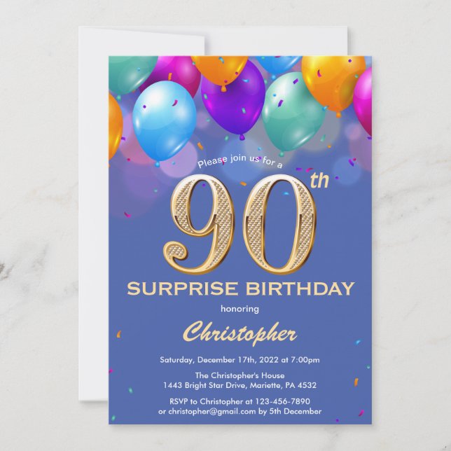 Surprise 90th Birthday Blue and Gold Balloons Invitation (Front)