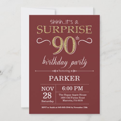 Surprise 90th Birthday Burgundy and Gold Glitter Invitation
