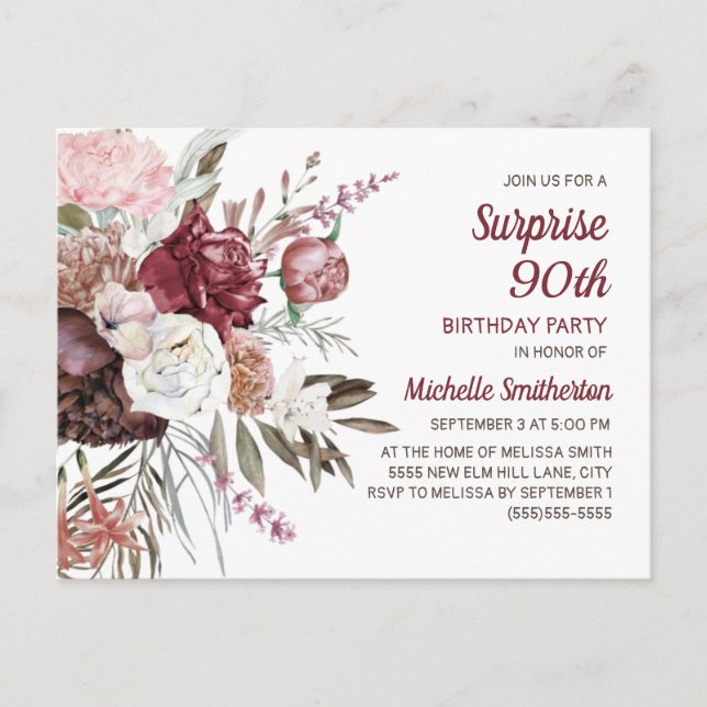 Surprise 90th Birthday Burgundy Blush Pink Floral Postcard (Front)