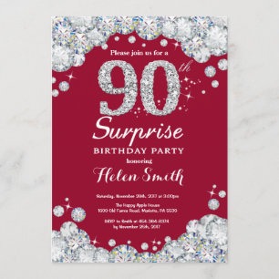 Surprise 90th Birthday Burgundy Red Silver Diamond Invitation