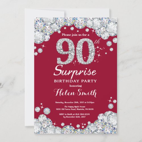 Surprise 90th Birthday Burgundy Red Silver Diamond Invitation