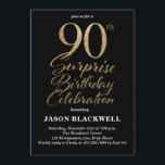 Surprise 90th Birthday Celebration Black & Gold Invitation<br><div class="desc">90th surprise birthday celebration invitation</div>