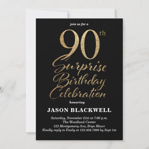 Surprise 90th Birthday Celebration Black  Gold Invitation