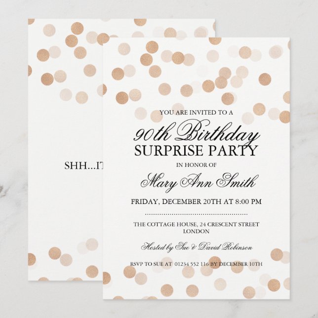 Surprise 90th Birthday Copper Foil Glitter Lights Invitation (Front/Back)