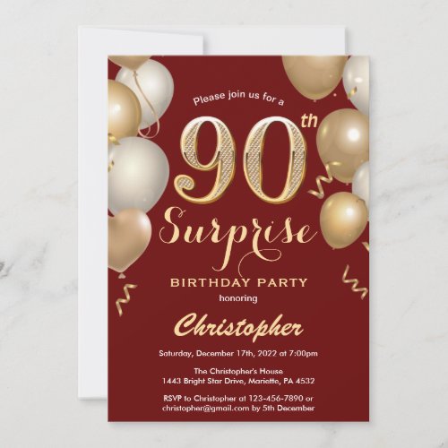 Surprise 90th Birthday Dark Red and Gold Balloons Invitation
