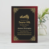 Surprise 90th Birthday Dinner Black Red Gold Invitation (Standing Front)