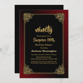Surprise 90th Birthday Dinner Black Red Gold Invitation (Front/Back)