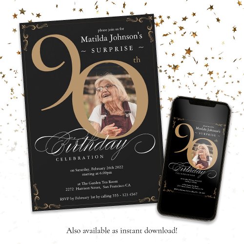 Surprise 90th Birthday Gold Black Custom Photo Invitation
