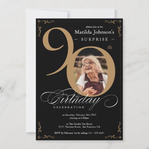 Surprise 90th Birthday Gold Black Custom Photo